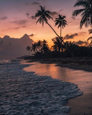 On the beach, sun-loungers, beach towels