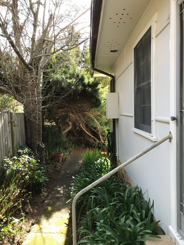 A narrow pathway leading to a house with a white exterior, a window with a screen, and a white railing.