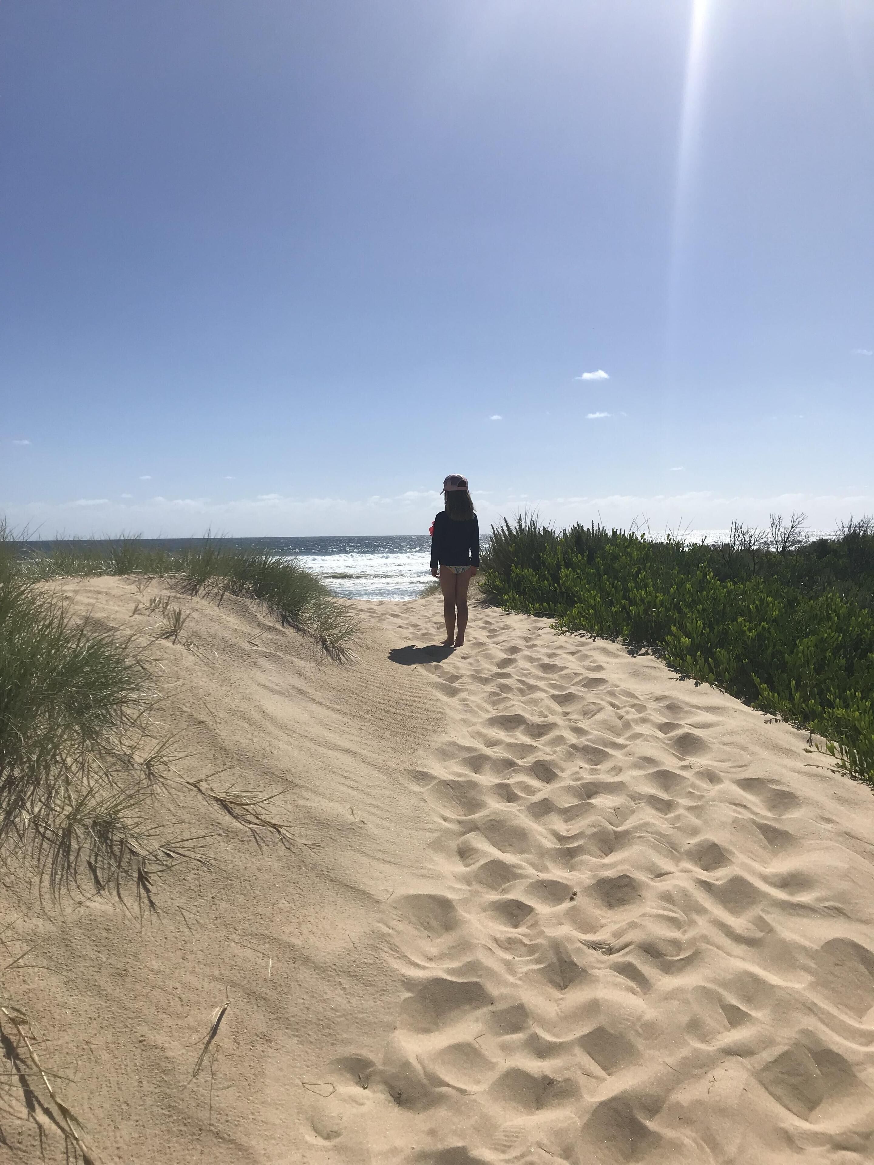 A sandy path leading to the beach with a clear sky.