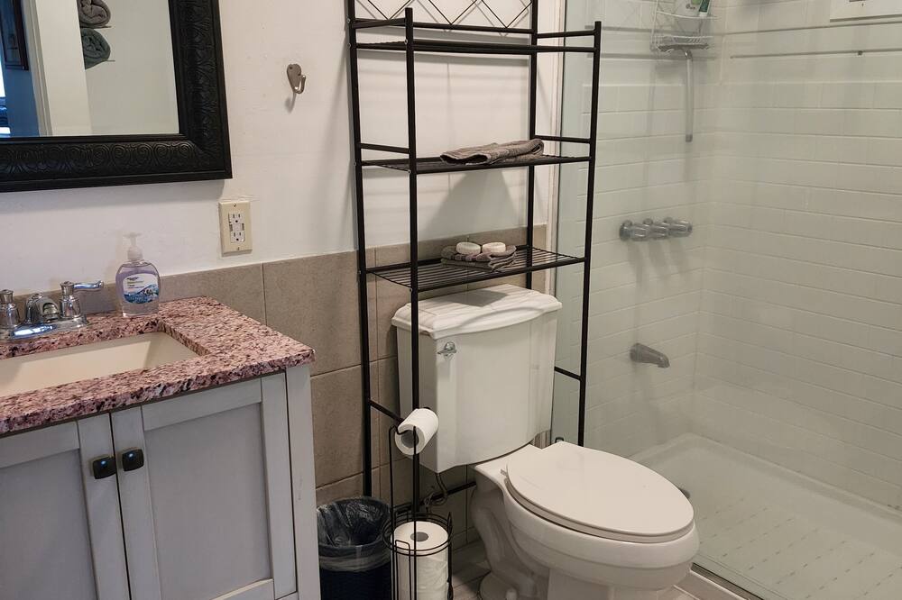 Combined shower/tub, hair dryer, towels, soap
