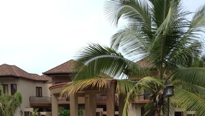 A resort with a paved walkway leading to a covered entrance, surrounded by well-maintained lawns and palm trees.