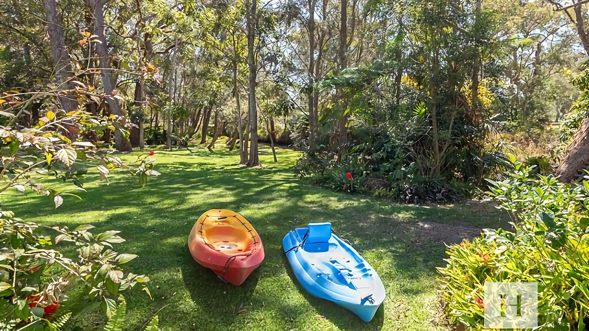A grassy area with two kayaks, surrounded by trees and greenery.