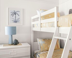 A bunk bed with a ladder, a bedside table with a lamp, and a framed picture on the wall. - The Place - Pool, Lake, Kayaks & much more! (Gwandalan)