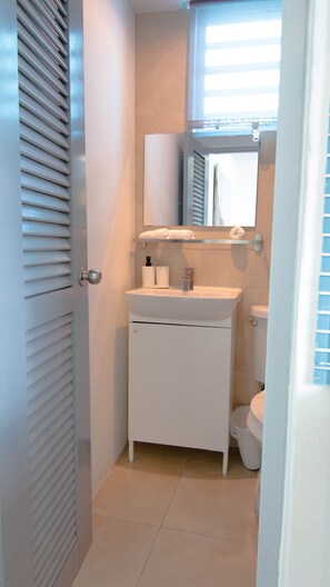 Shower, hair dryer, towels, toilet paper