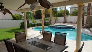 A covered patio with a pool, outdoor furniture, and palm trees. - Private Oasis with Palm Trees and all the Comforts of Home-City Licensed! (Las Vegas)