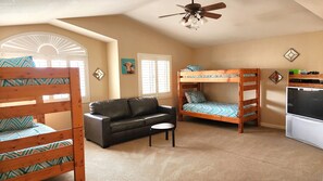 Smart TV, fireplace, video games, DVD player