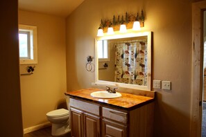 Combined shower/bathtub, hair dryer, towels, soap