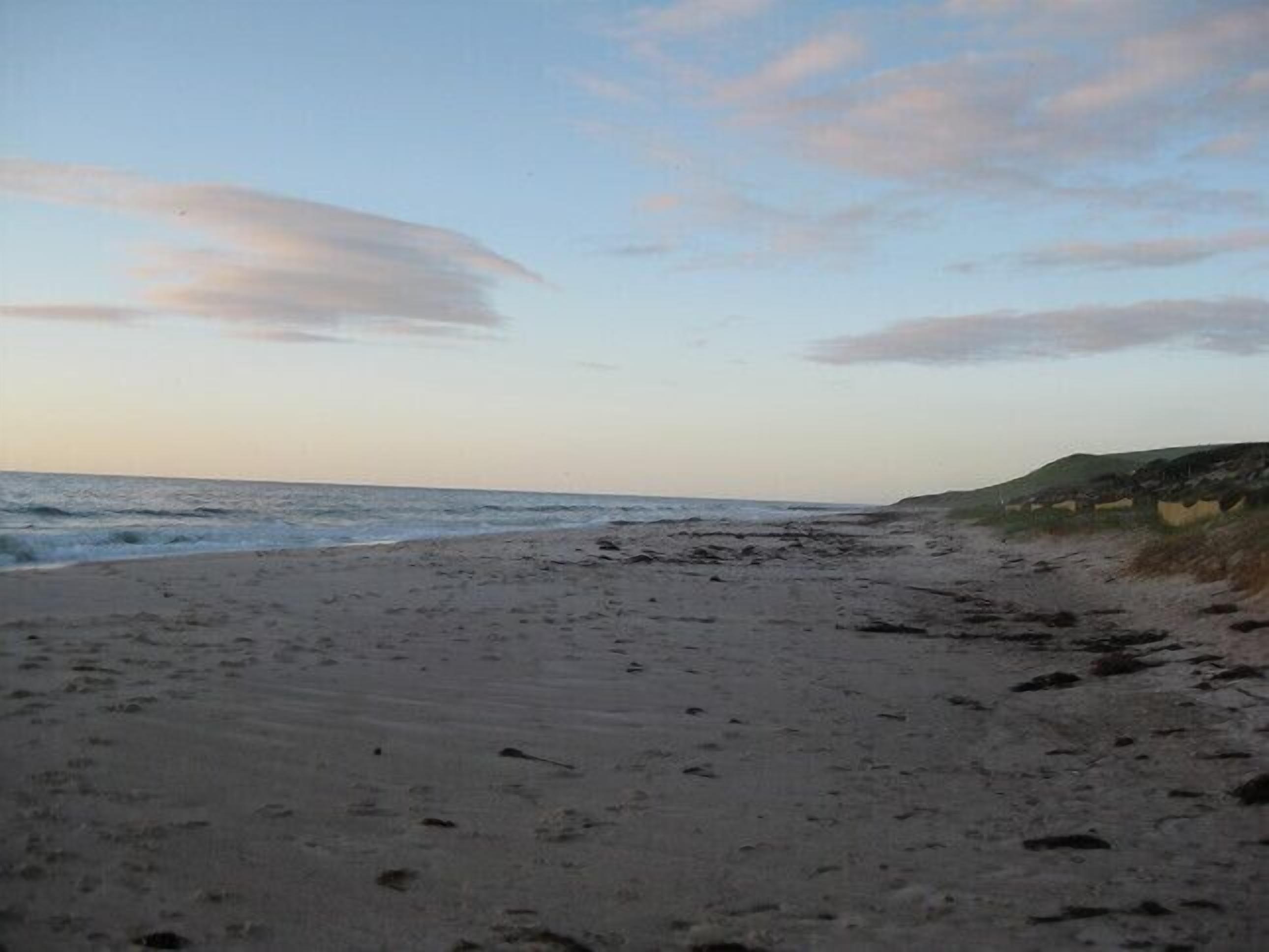 A beach with a wide sandy shore and gentle waves.