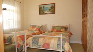 Een slaapkamer met twee eenpersoonsbedden, een schilderij aan de muur en een raam met gordijnen.