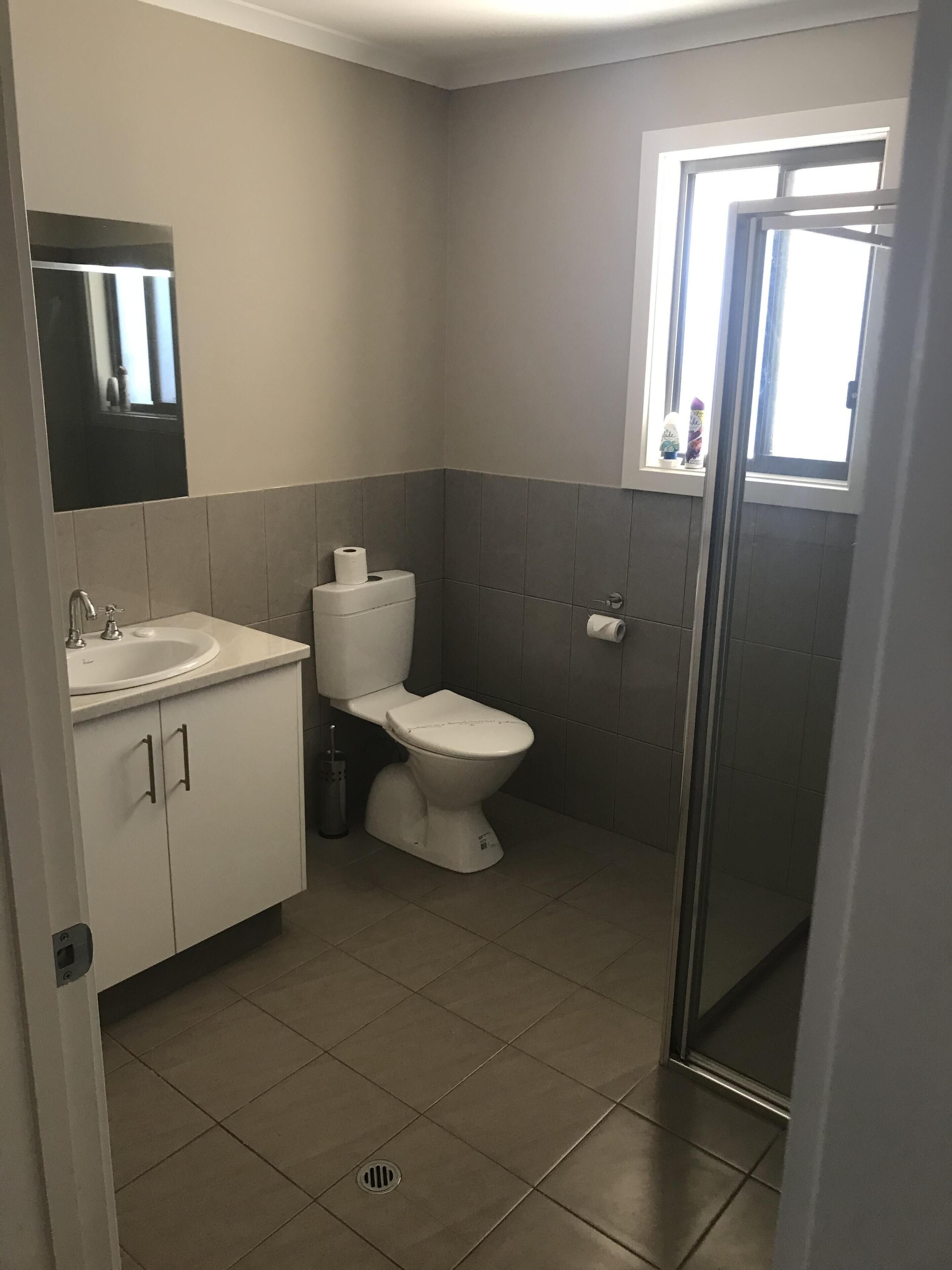 Une salle de bain avec des toilettes, un lavabo et un miroir.