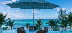 A glass-enclosed outdoor seating area with a view of the ocean and palm trees.