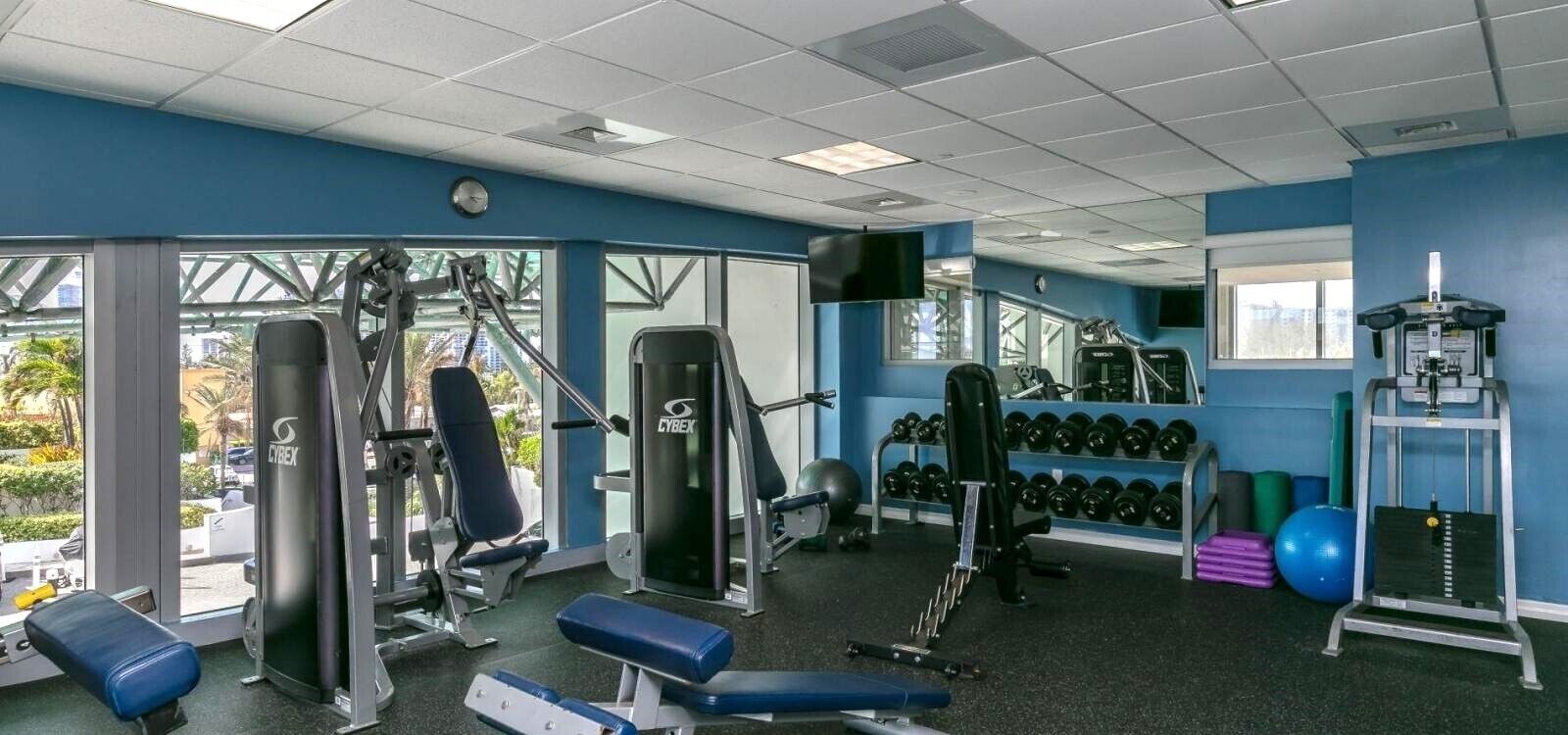 Un gimnasio con diverso equipo de ejercicio, que incluye máquinas de pesas, bancos y mancuernas.