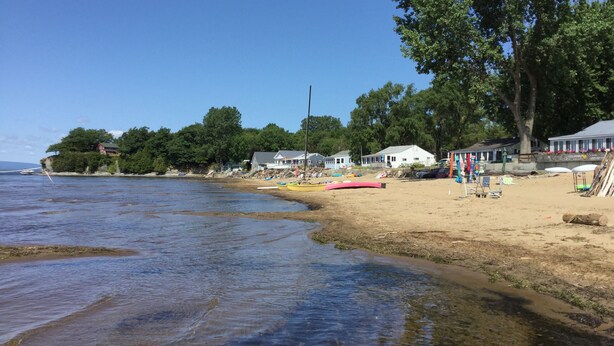 Una playa con agua cristalina, una orilla arenosa y casas al fondo.