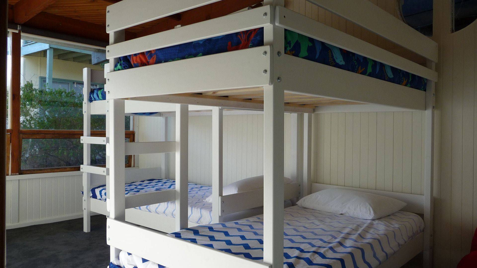 A bunk bed room with a window view.