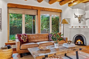 TV, fireplace - Casa Galisteo | Cozy Santa Fe Retreat (Santa Fe)