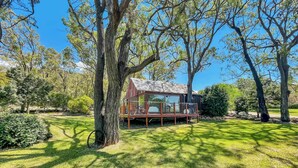 A rustic cabin with a deck, surrounded by lush greenery and trees.