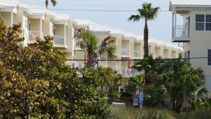 Fila de edificios de motel blancos con balcones, rodeados de palmeras y vegetación.