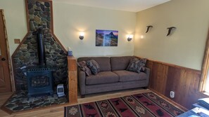 Smart TV, caminetto, lettore DVD, libri