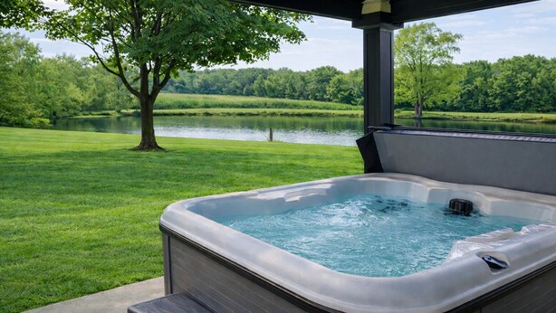 Un jacuzzi con vista a un lago y árboles.