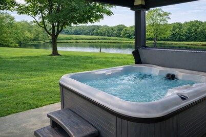Relax at a cozy countryside retreat with a private hot tub, pond views & fire pit — pure bliss.