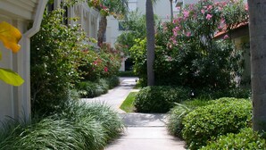 Uma trilha estreita ladeada por vegetação exuberante e plantas floridas, que conduz a um edifício com fachada branca e telhado de telhas vermelhas.