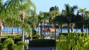 Uma área externa tranquila com palmeiras, um gazebo e vista para um lago.