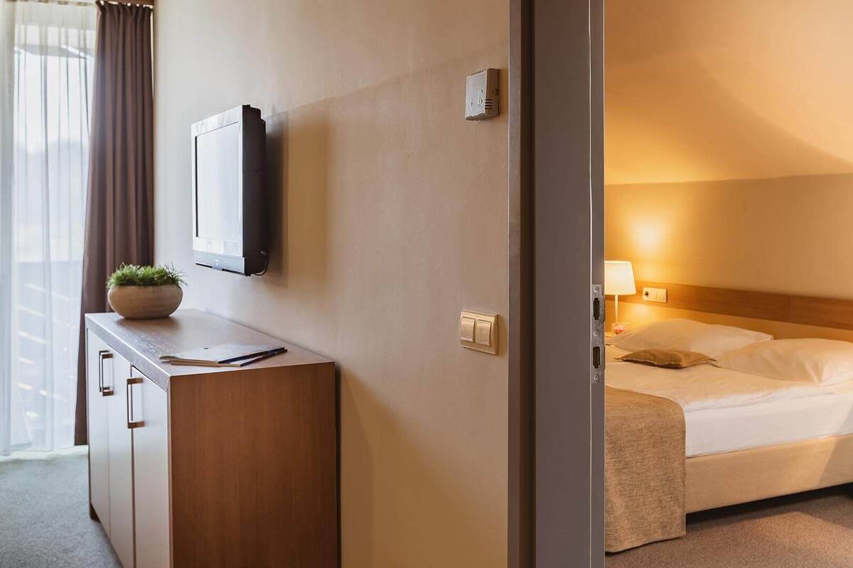 Una habitación de hotel con cama, mesita de noche, lámpara y una planta pequeña en el tocador.