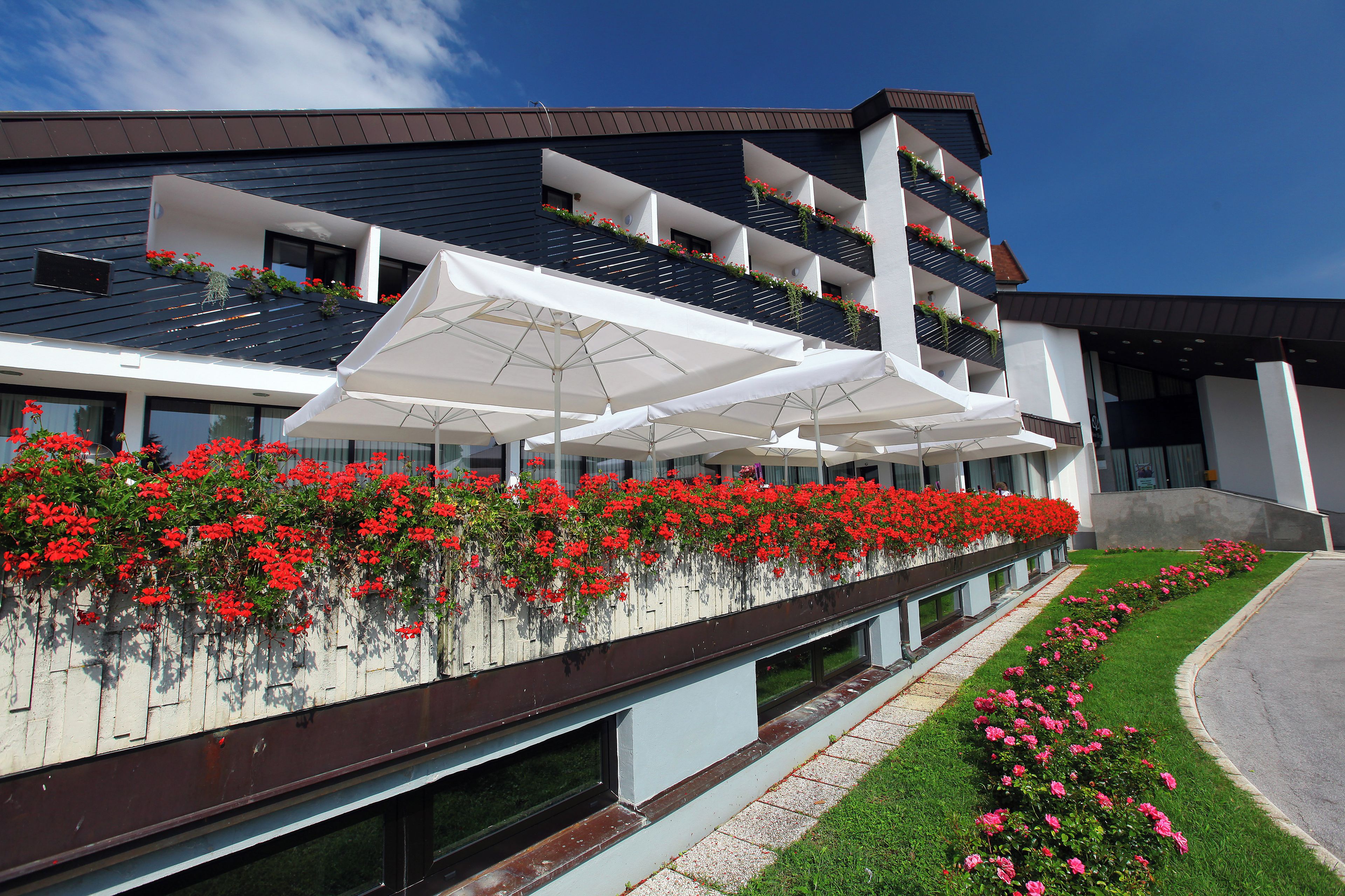 Ein modernes Hotel mit Balkon, verziert mit roten Blumen, weißen Sonnenschirmen und einem gepflegten Rasen.