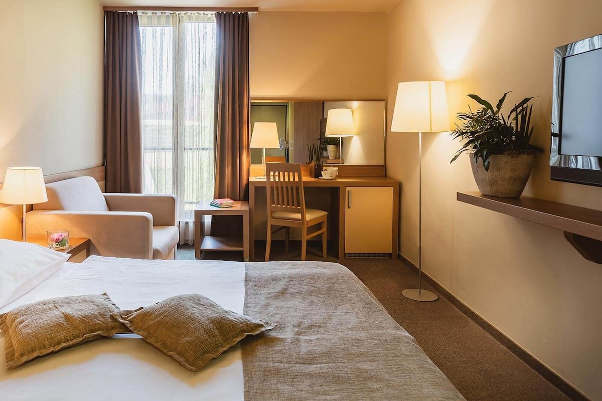 Habitación de hotel con cama, dos sillas, escritorio, lámpara, planta y televisión.