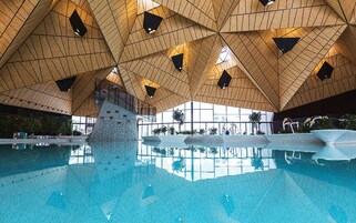 Una piscina con diseño geométrico del techo de madera y paredes de vidrio transparente.