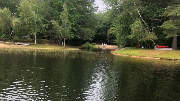 Un llac tranquil amb una embarcació amarrada a la dreta, envoltat de vegetació densa i un edifici petit al fons.