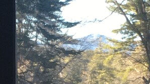 Vista a través d'una finestra amb barana de fusta, sobre un paisatge nevós amb arbres i un cos d'aigua.