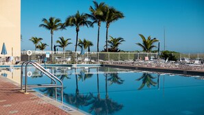 Une piscine avec des chaises longues et des palmiers.
