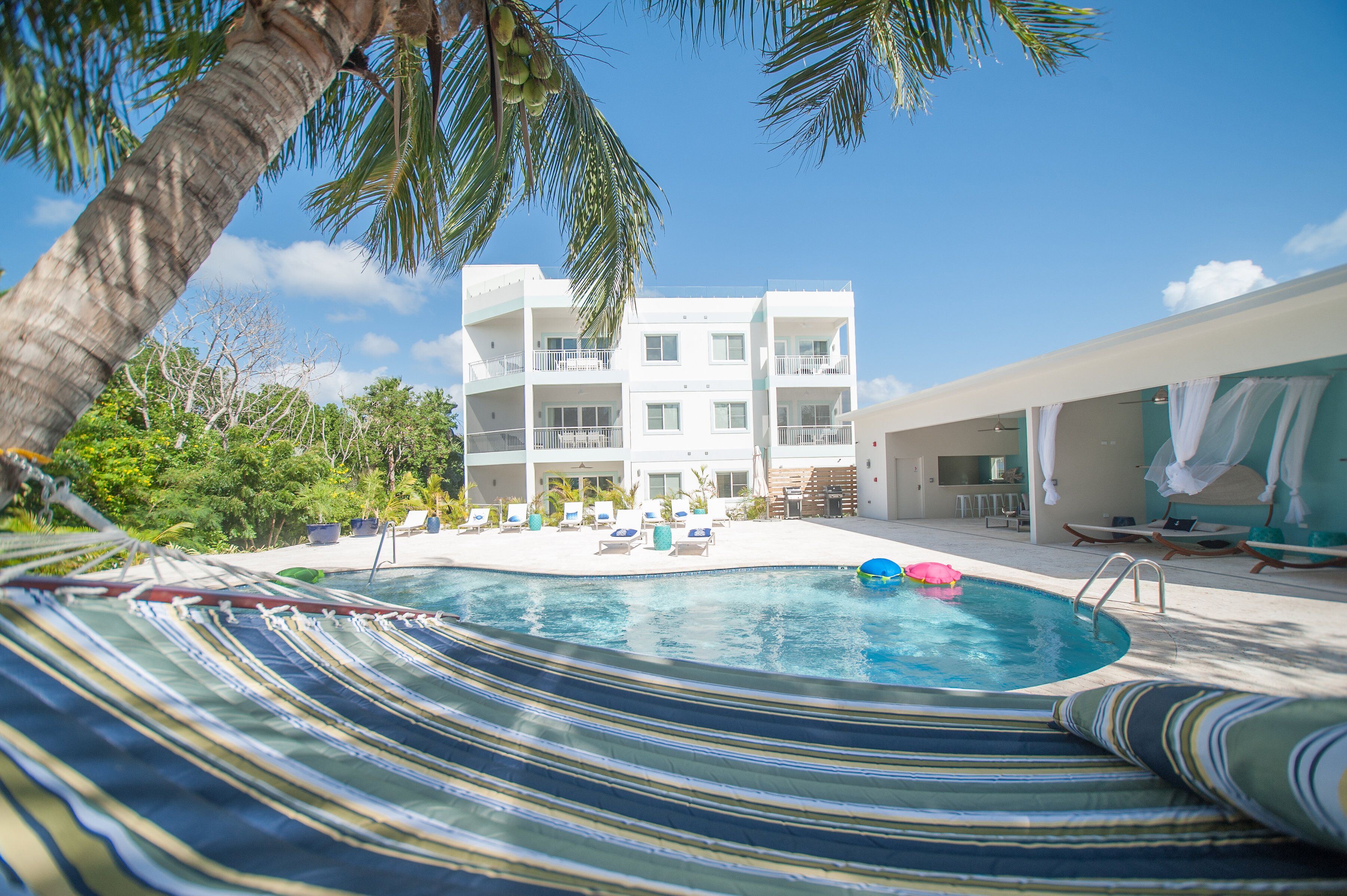 Outdoor pool, a heated pool, pool loungers