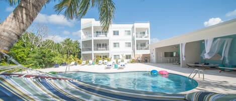 Outdoor pool, a heated pool, sun loungers