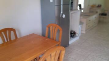 Un'area pranzo con un tavolo e sedie in legno, un frigorifero grigio e un angolo cottura con mobili e una TV a parete.