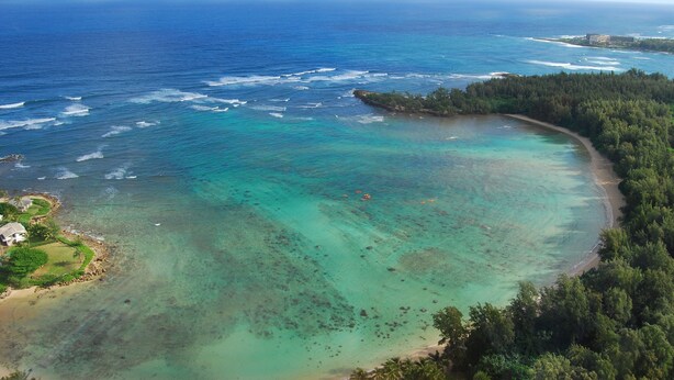 An aerial view of a coastal area with clear turquoise waters, a sandy beach, and dense forested areas. - Turtle Bay Luxury 2 Bedroom. Upper Floor with Upgrades.   90/TVU-0512 (Kahuku)
