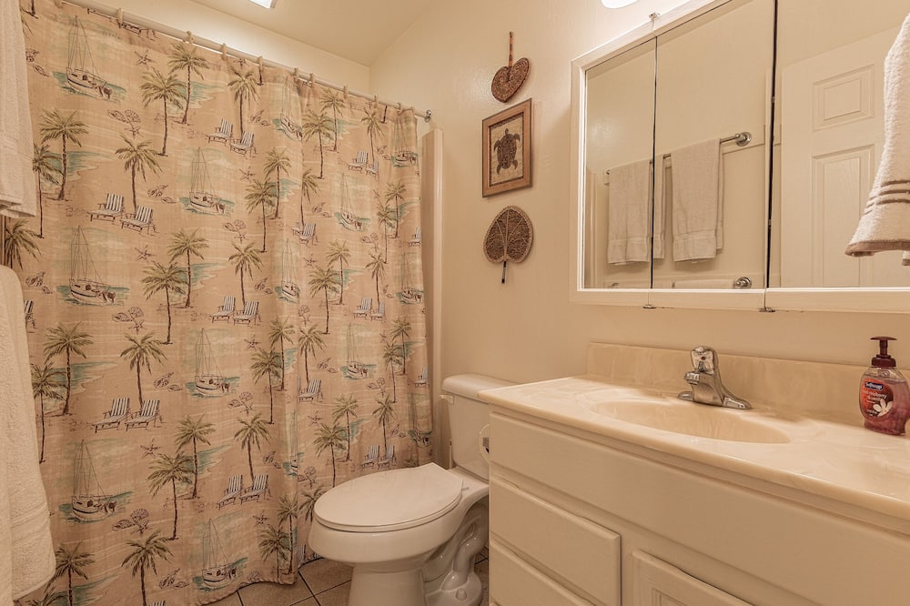 Combined shower/tub, hair dryer, towels, soap
