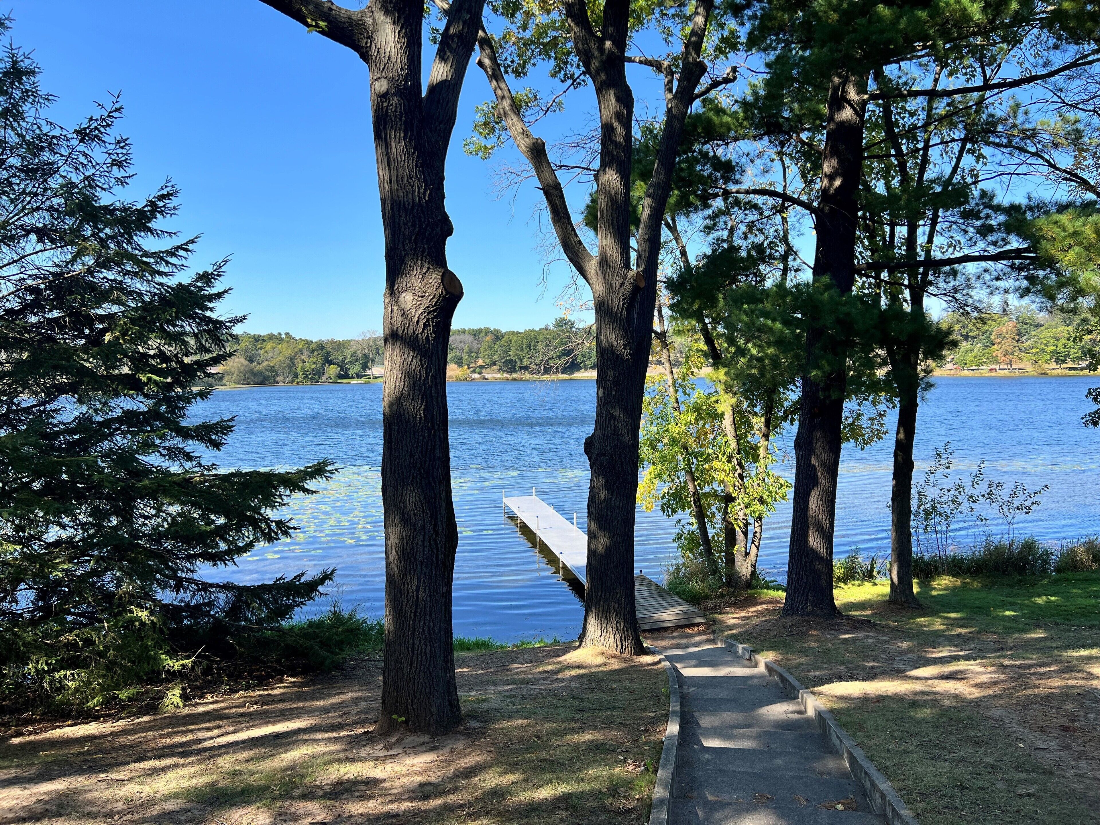 Une jetée en bois s’étendant sur un lac paisible, entouré d’arbres.