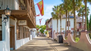 A street with buildings, palm trees, and flags.