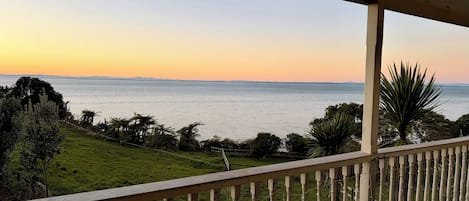 A balcony with a view of the sea and greenery.