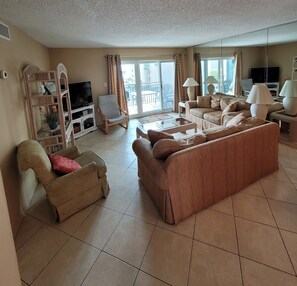 TV, DVD player, books, video library