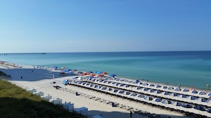 On the beach, sun loungers