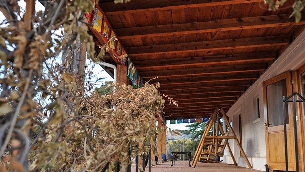 A covered outdoor area with brick steps leading to a wooden structure.