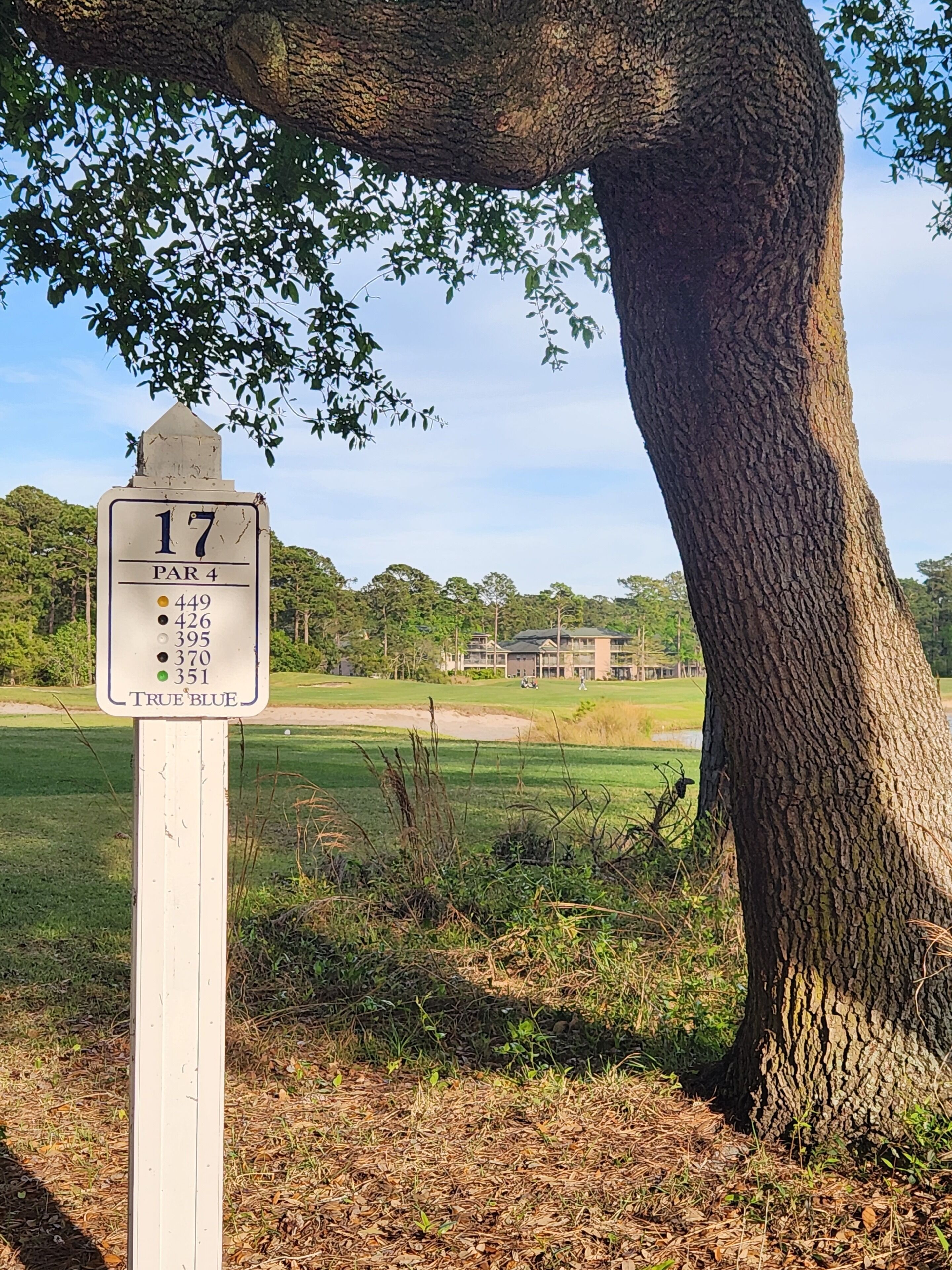 A golf course sign with hole numbers and distances.