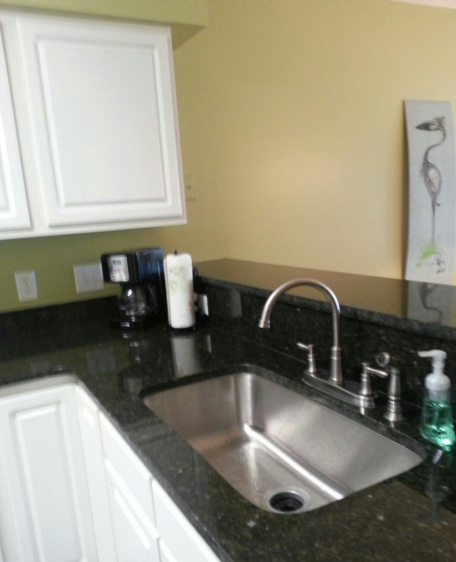 A kitchen with a stainless steel sink, white cabinets, a granite countertop, and a painting on the wall.