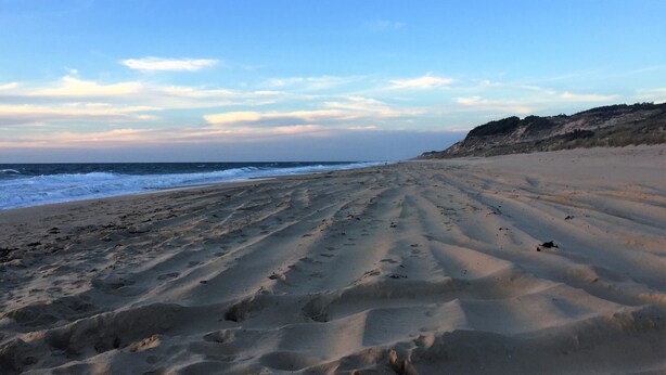 A sandy beach with footprints leading towards the ocean, a clear sky, and a distant hill.