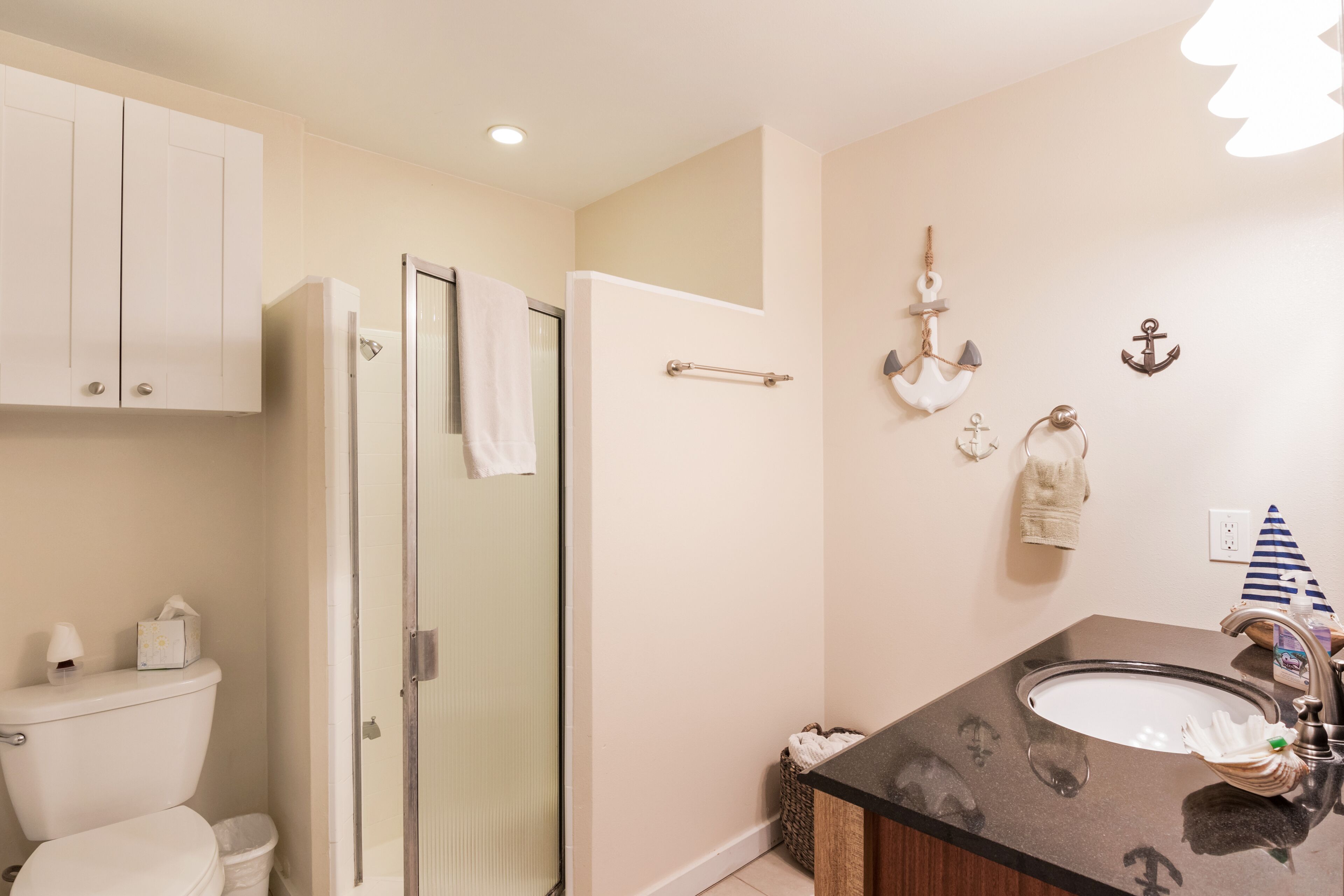 Combined shower/tub, hair dryer, towels, soap