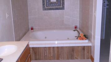 Shower, jetted tub, hair dryer, towels