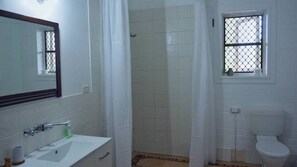 Chuveiro, secador de cabelo, toalhas de banho, sabonete